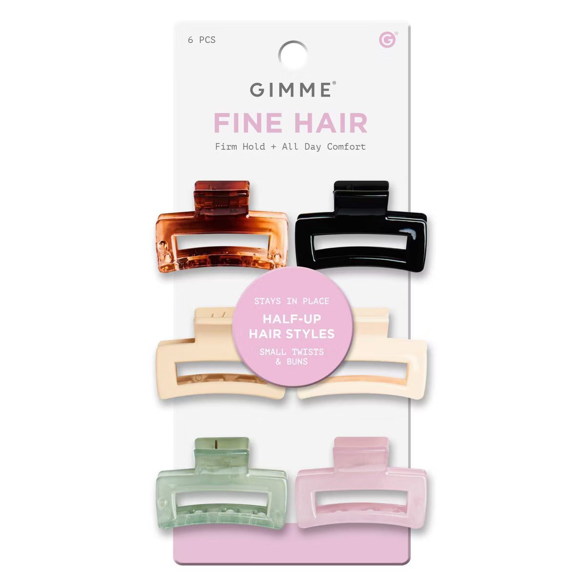 GIMME Fine Hair Small Rectangle Claw Clips - Assorted Colors, 6 count