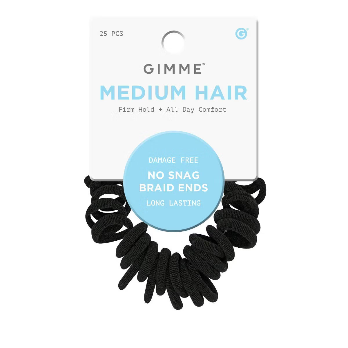 GIMME Medium Hair Firm Hold + All Day Comfort No Snag Braid End Hair Tie Bands - Black, 25 count