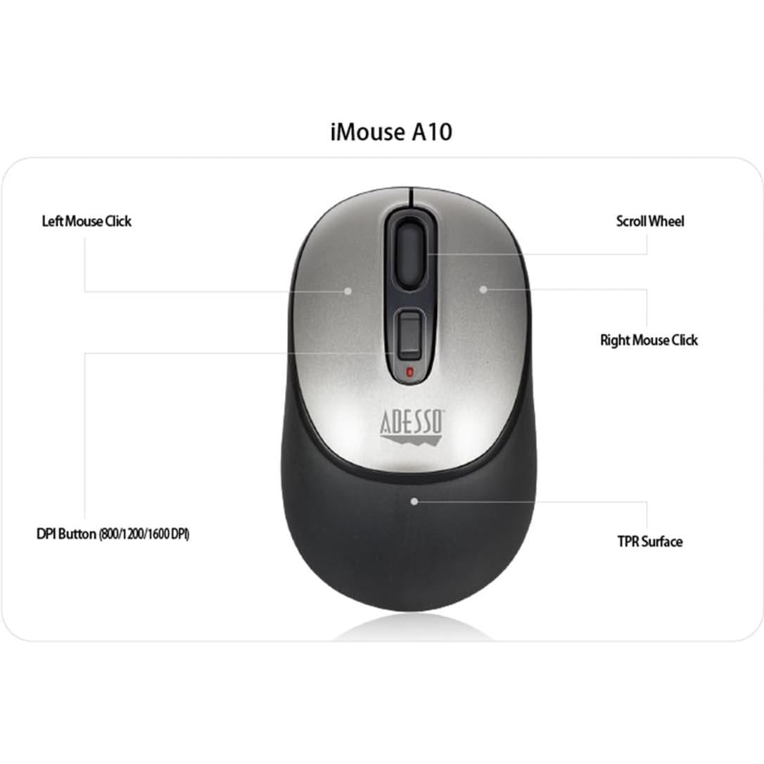 Adesso iMouse A10 Antimicrobial Wireless Mouse - Black and Silver-783750010672-LR-340064-10-LR eShop