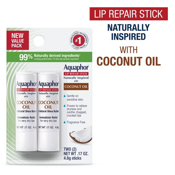 Aquaphor Naturally Inspired Lip Repair Stick with Coconut Oil, Dual Pack, .17 oz x2-072140039189-LR-363386-11-LR eShop