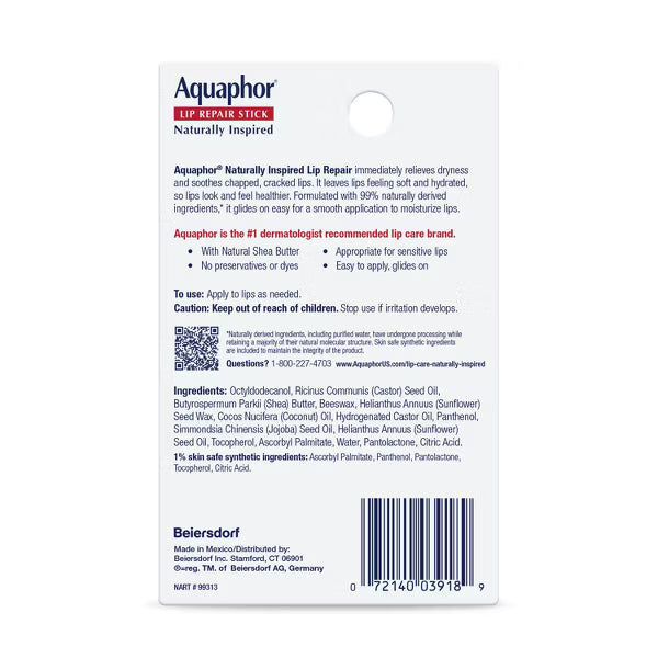 Aquaphor Naturally Inspired Lip Repair Stick with Coconut Oil, Dual Pack, .17 oz x2-072140039189-LR-363386-2-LR eShop
