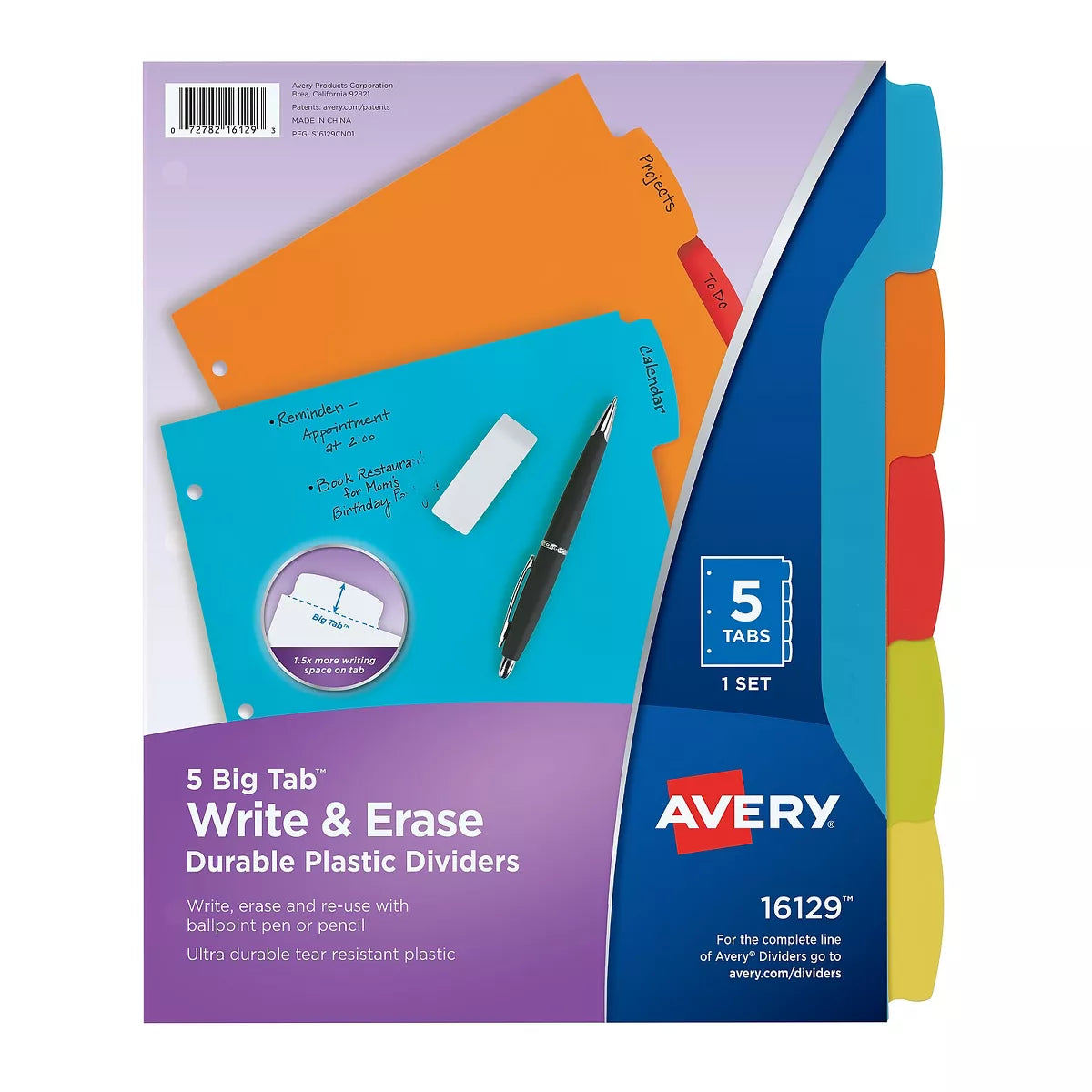 Avery Big Tab Write & Erase Plastic Dividers - Assorted, 5 count-072782161293-LR-324209-1-LR eShop