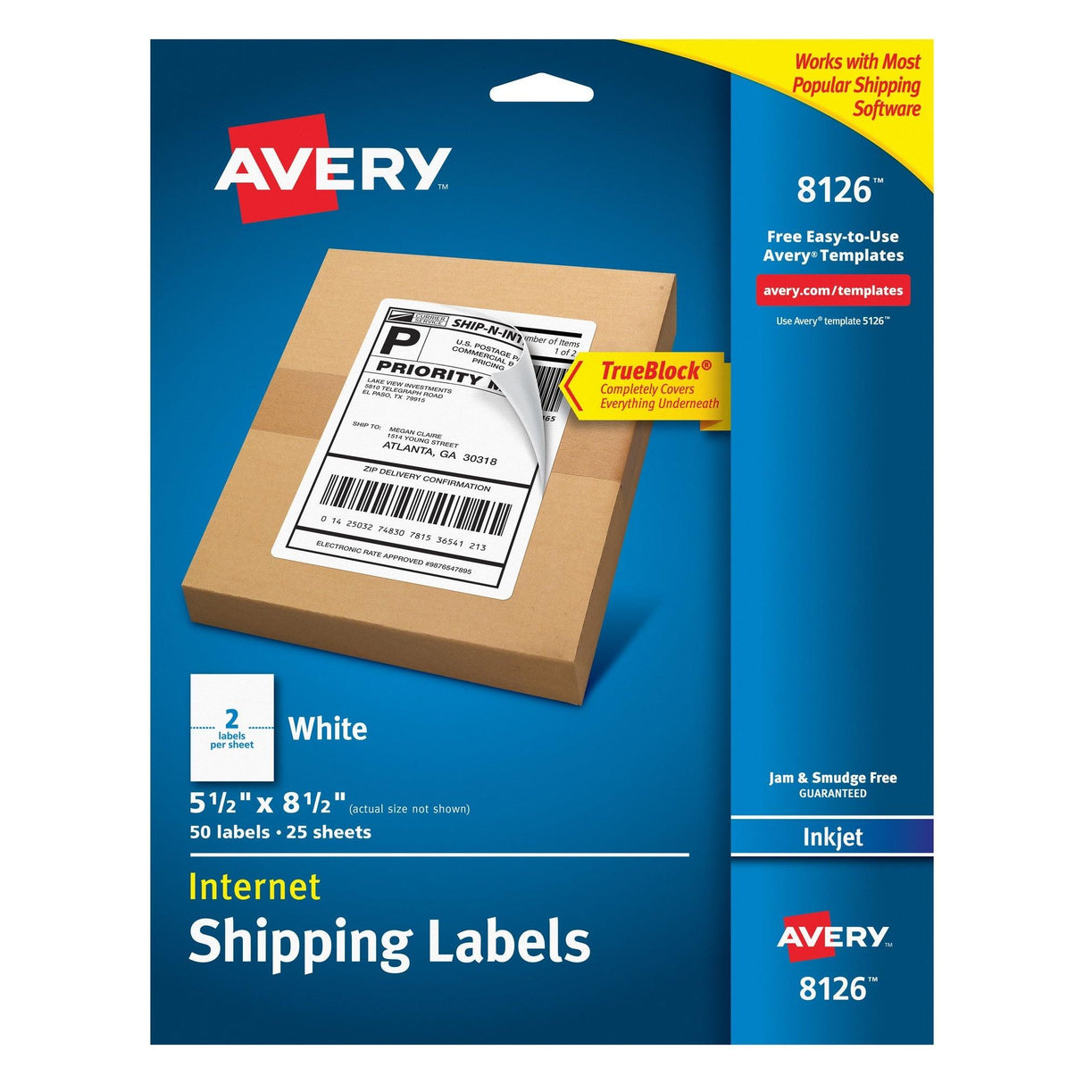 Avery TrueBlock Permanent Inkjet Shipping Labels, 5.5" x 8.5" - White, 50 count-072782081263-LR-282685-1-LR eShop