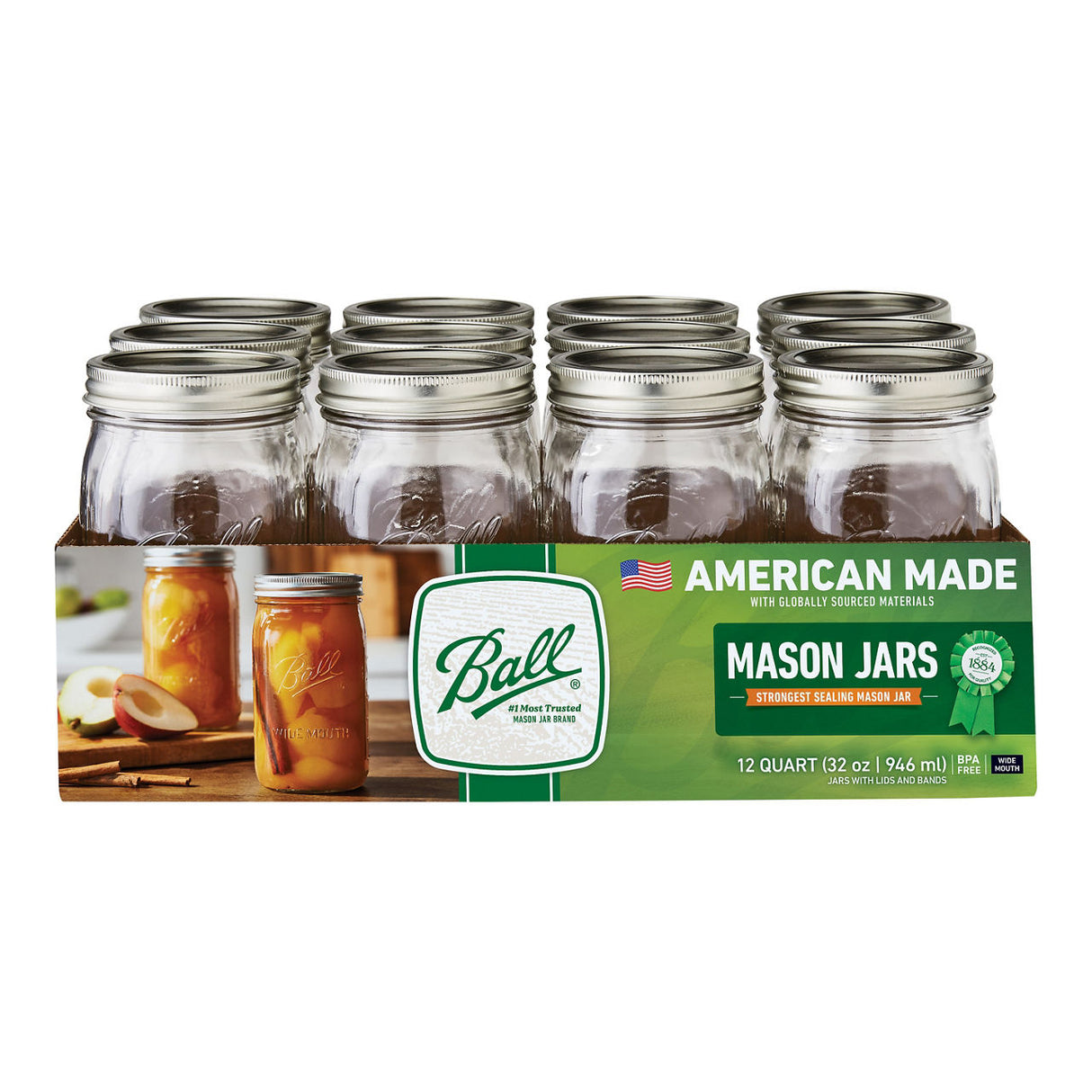 Ball Glass Mason Jars with Lids and Bands, Wide Mouth, Quart 32 oz, 12 Ct-014400670008-LR-362630-2-LR eShop
