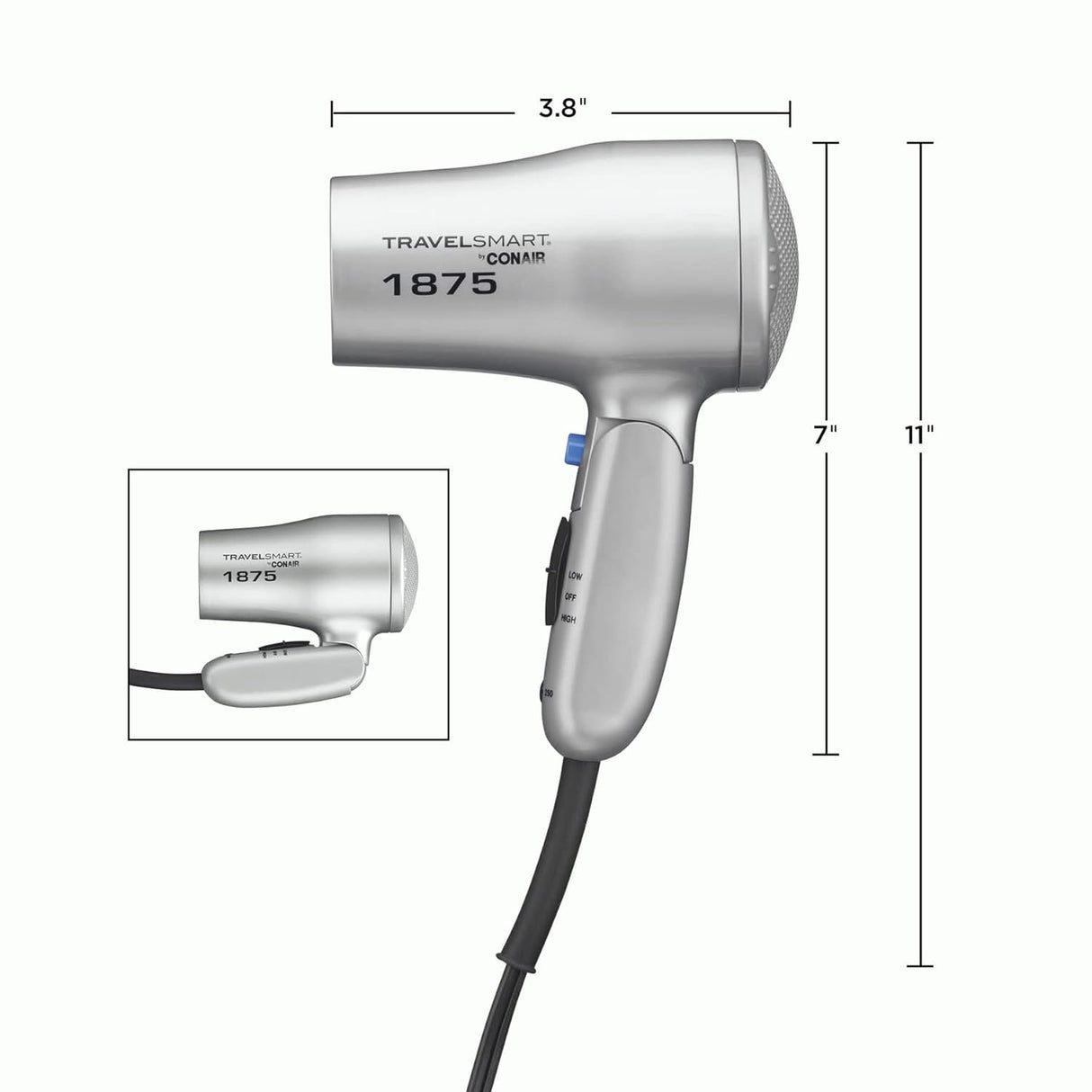 CONAIR 1875 Watt Compact Dual Voltage Travel Hair Dryer with Folding Handle - Grey-074108190499-LR-101923-3-LR eShop