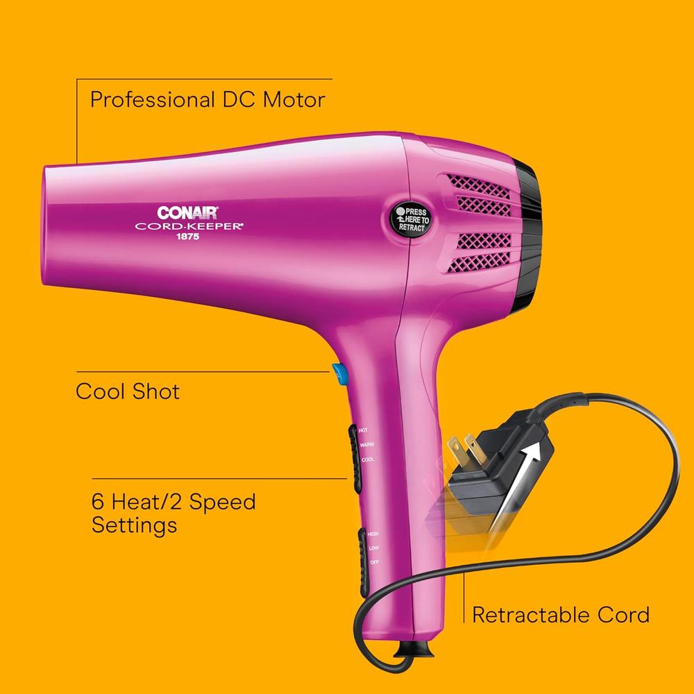 CONAIR 1875 Watt Cord Keeper Hair Dryer - Pink-074108062758-LR-177721-3-LR eShop