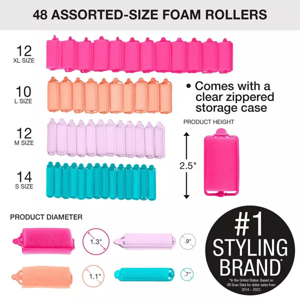 CONAIR Heatless Soft Curl Foam Rollers - Assorted Sizes & Colors, 48 count-074108611185-LR-192407-7-LR eShop