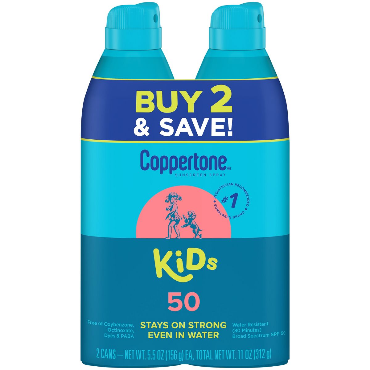 Coppertone Kids Sunscreen Spray, SPF 50 Sunscreen for Kids, Water Resistant Broad Spectrum Sunscreen Spray, 5.5 Oz, Pack of 2-072140038199-LR-363519-1-LR eShop