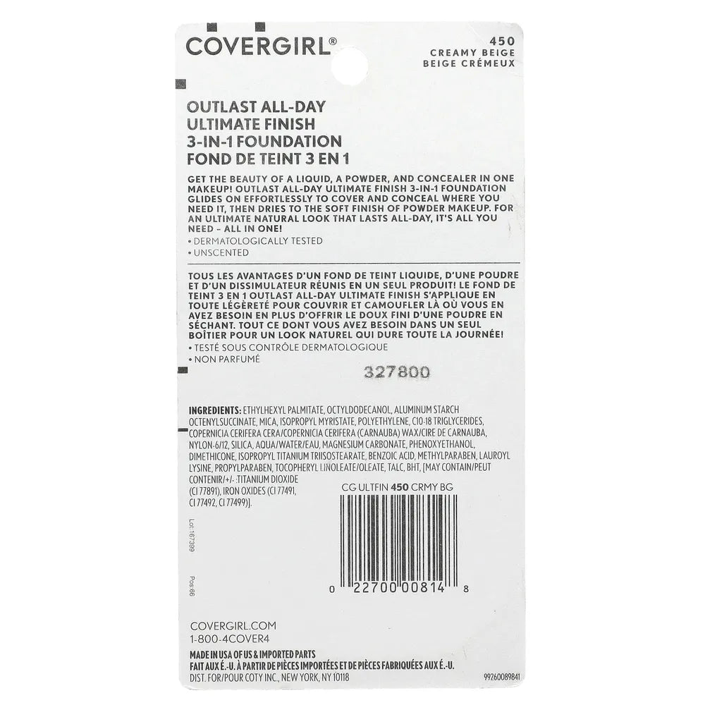 COVERGIRL Outlast All-Day Ultimate Finish 3-in-1 Foundation - 450 Creamy Beige-022700008148-LR-131491-5-LR eShop