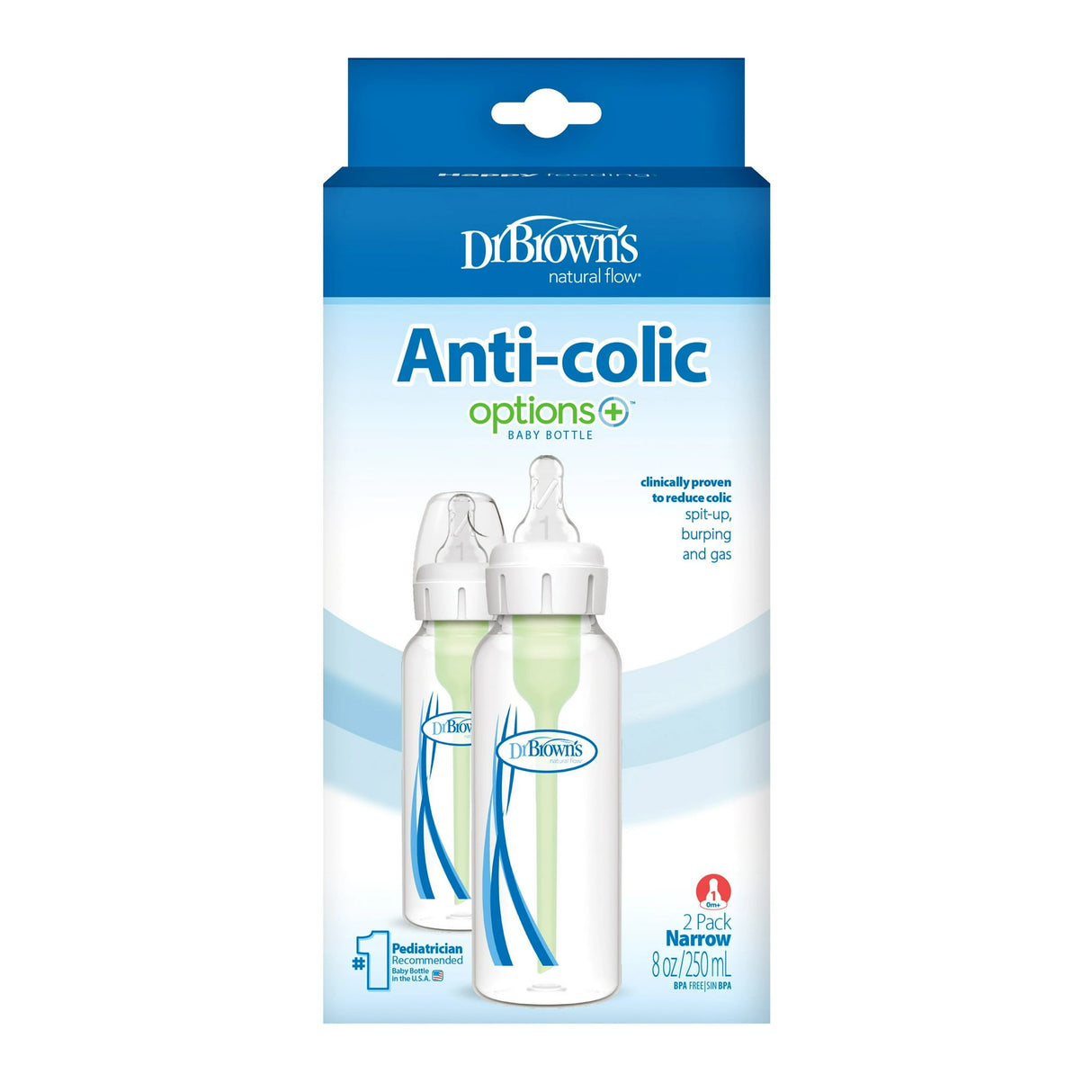 Dr Brown’s Natural Flow Anti-Colic Options Plus Narrow Baby Bottle, 8 oz - Clear, 2 count-072239306932-LR-346582-1-LR eShop