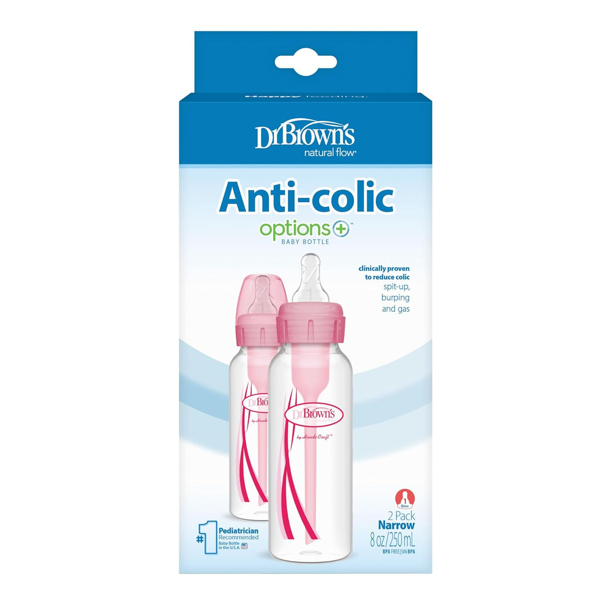 Dr Brown’s Natural Flow Anti-Colic Options Plus Narrow Baby Bottle, 8 oz - Pink, 2 count-072239307809-LR-335669-1-LR eShop