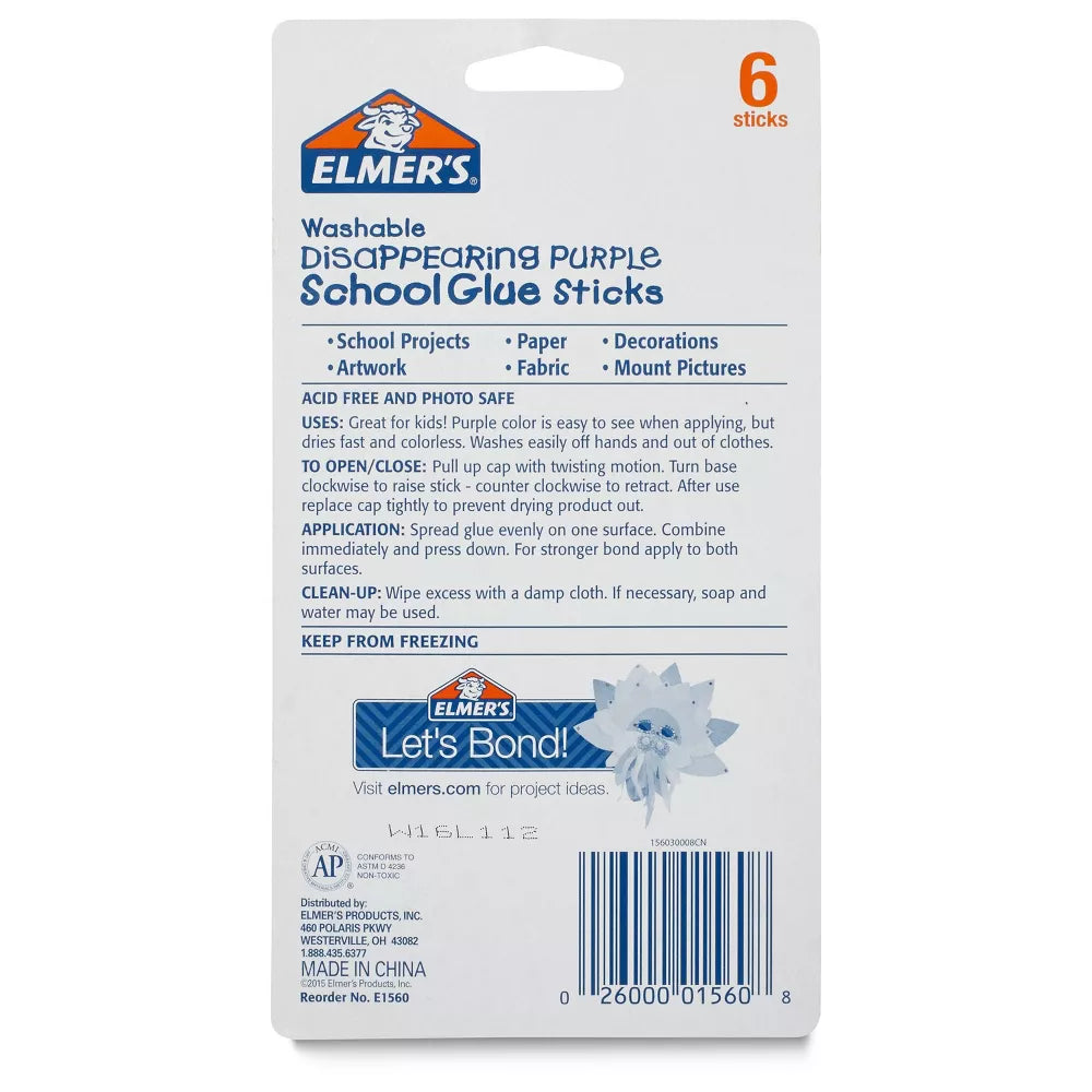 ELMER'S Washable School Glue Sticks - Disappearing Purple, 6 count-026000015608-LR-186715-3-LR eShop