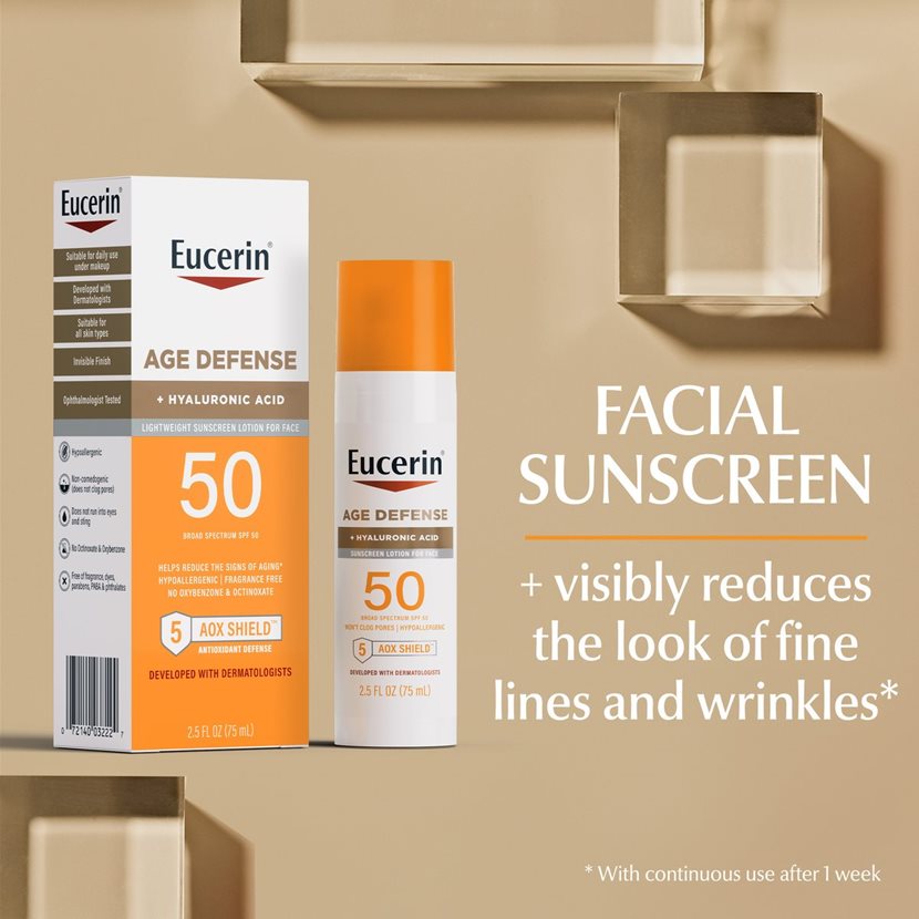 Eucerin Sun Age Defense Face Sunscreen Lotion, Hyaluronic Acid, Non-Comedogenic, SPF 50, 2.5 fl oz-072140032227-LR-363497-3-LR eShop
