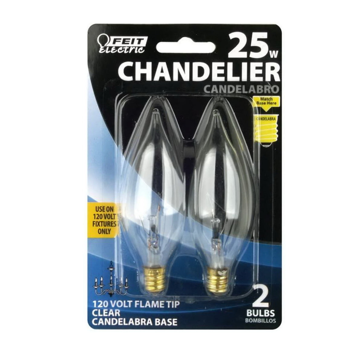 FEIT Electric 25 Watt Flame Tip Chandelier Dimmable Incandescent CA10 Light Bulb, E12 Base - Soft White, 2 count-017801000023-LR-230902-1-LR eShop