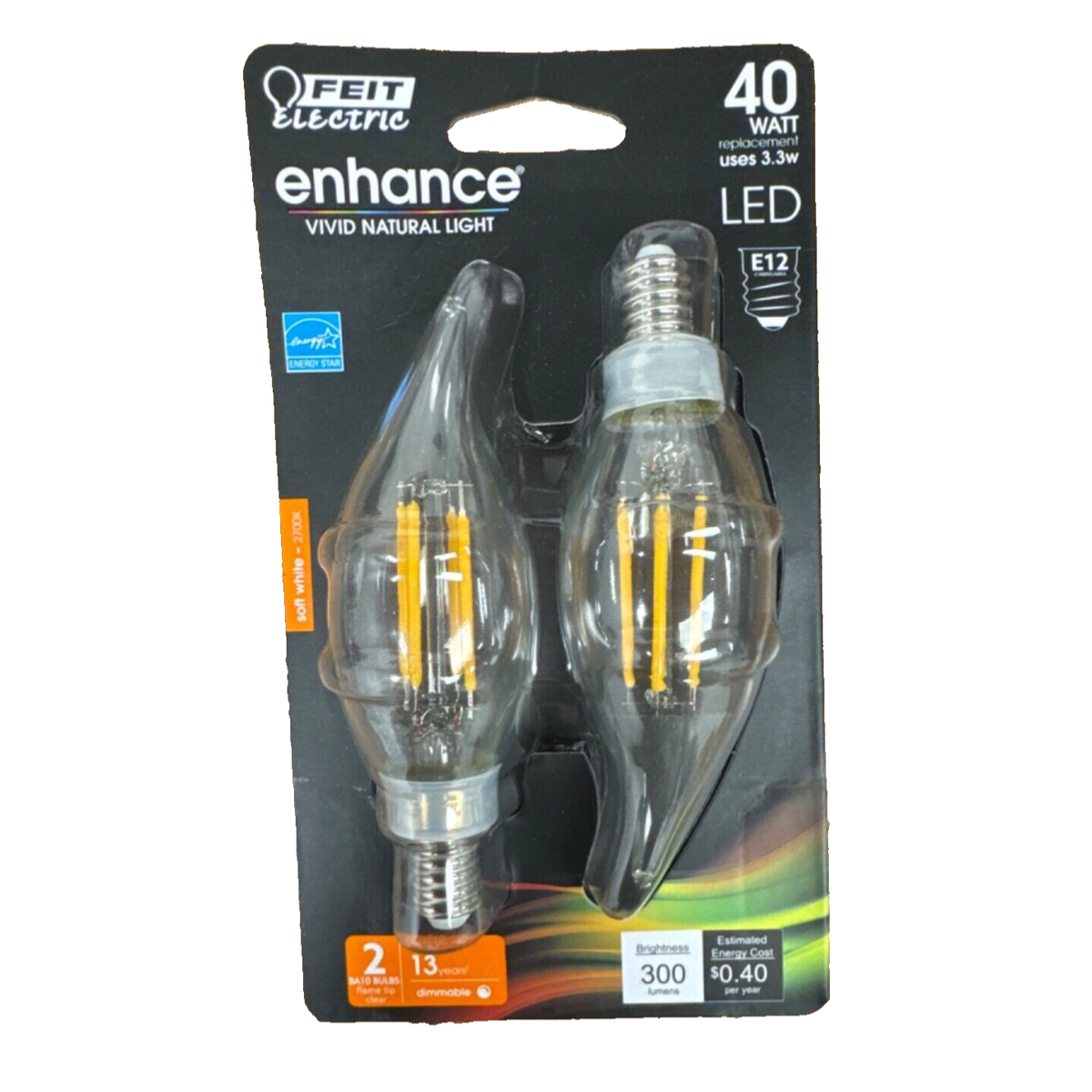 Feit Electric 40-Watt Equivalent BA10 E12 Candelabra Dimmable Filament CEC Clear Glass Chandelier LED Light Bulb - Soft White, 2 pack-017801209891-LR-347806-1-LR eShop
