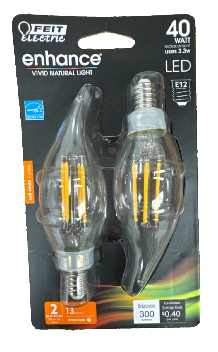Feit Electric 40-Watt Equivalent BA10 E12 Candelabra Dimmable Filament CEC Clear Glass Chandelier LED Light Bulb - Soft White, 2 pack-017801209891-LR-347806-1-LR eShop