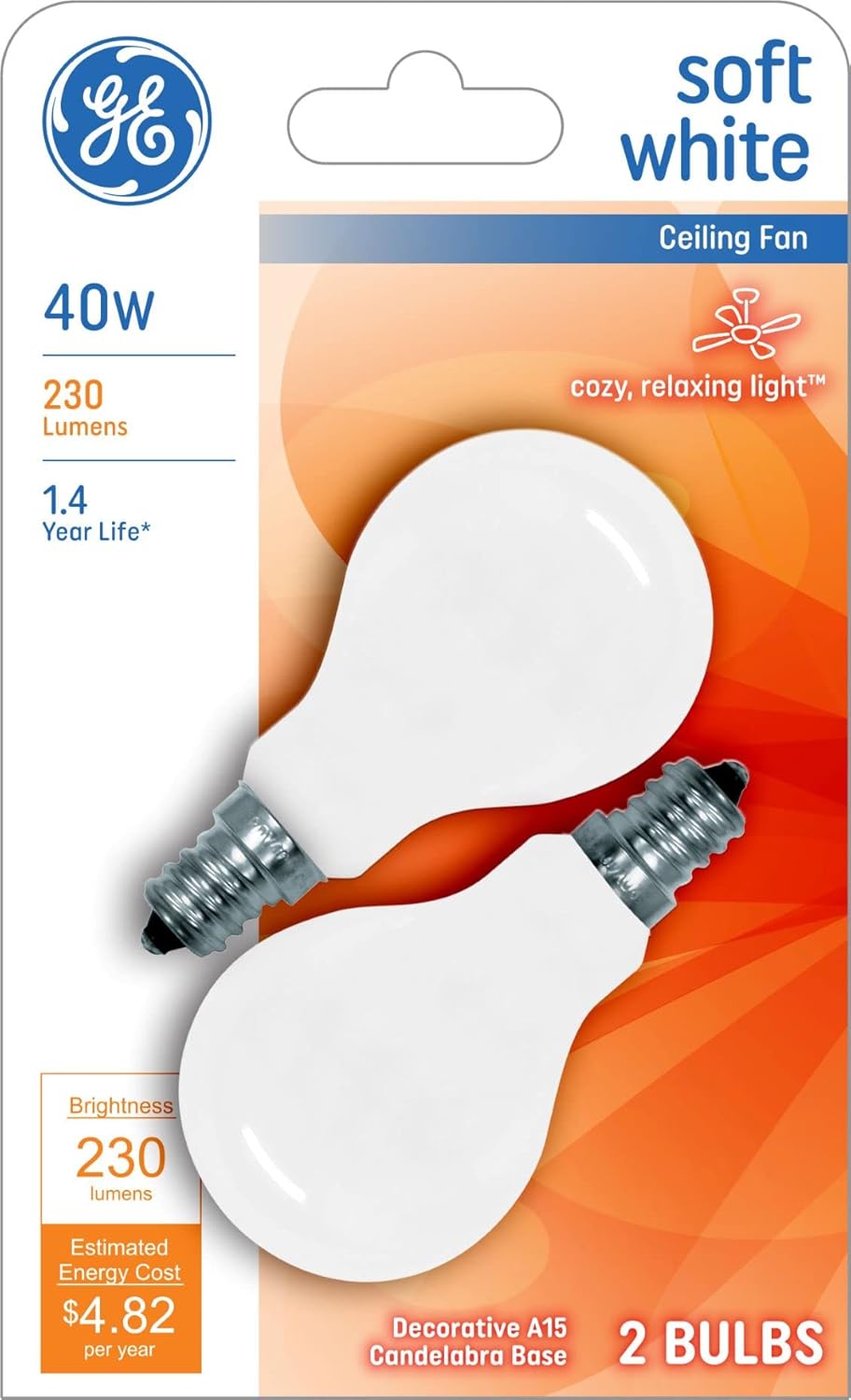 GE Lighting A15 Ceiling Fan Decorative Light Bulb, 40-Watt, Candelabra Base- Soft White, 2 pack-043168713948-LR-282807-1-LR eShop