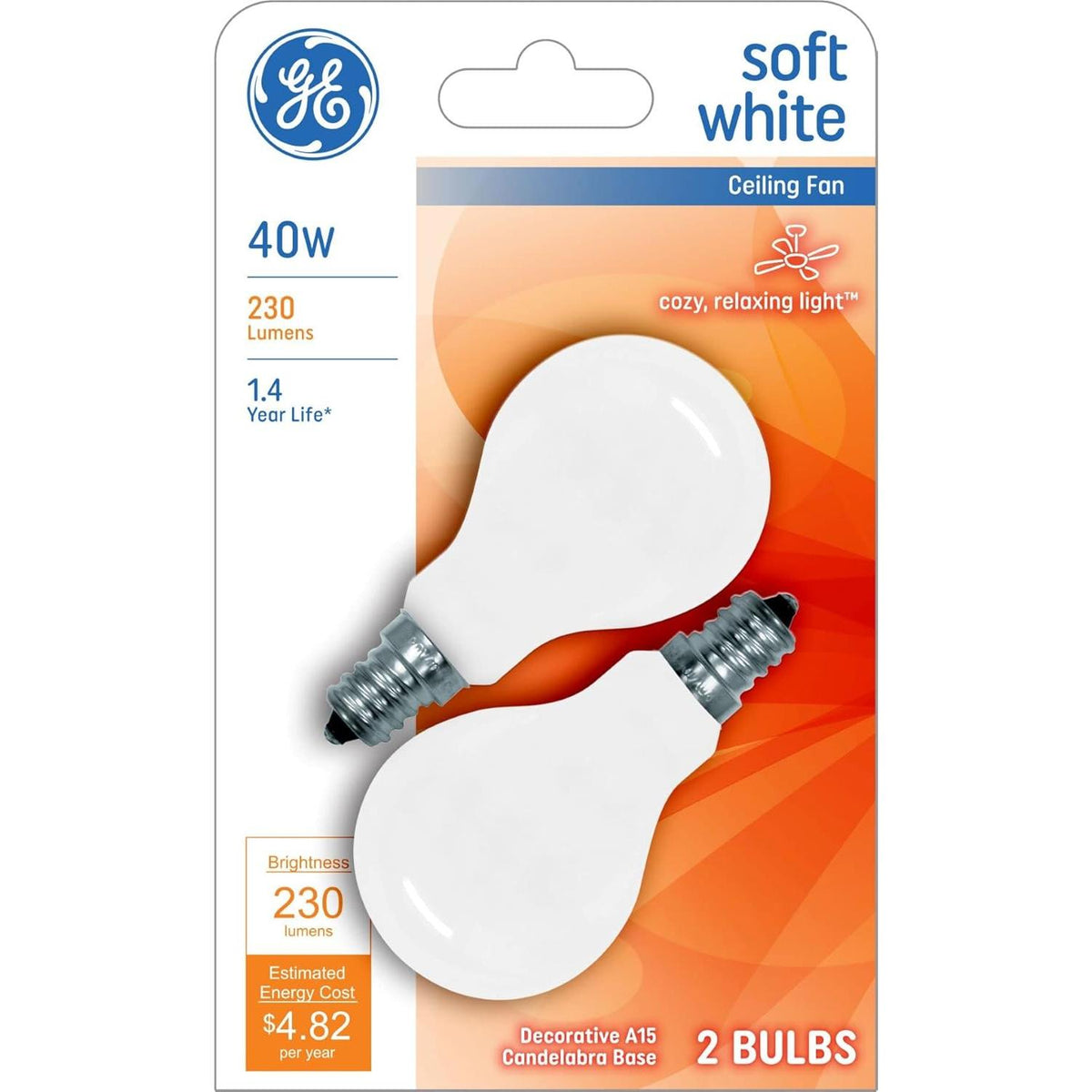 GE Lighting A15 Ceiling Fan Decorative Light Bulb, 40-Watt, Candelabra Base- Soft White, 2 pack-043168713948-LR-282807-1-LR eShop