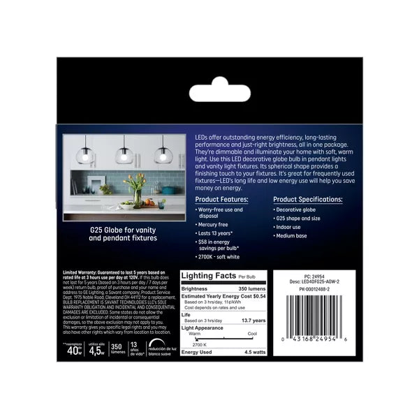 GE Lighting Classic LED 40 Watt Replacement, Soft White, G25 Vanity - Globe Bulbs, 2 Pack-043168249546-LR-321947-3-LR eShop