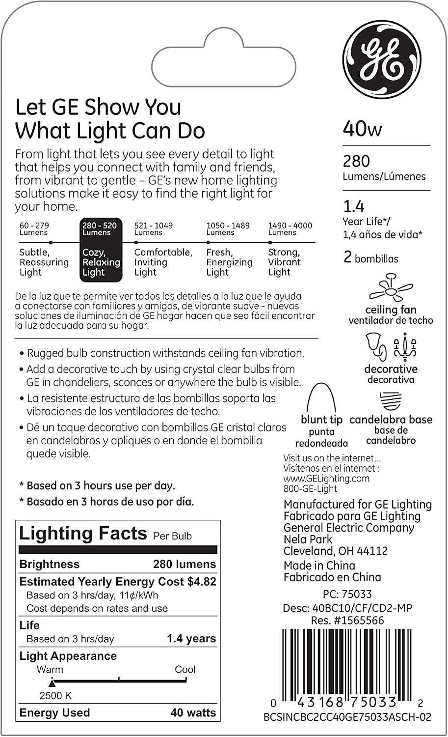 GE Lighting Crystal Clear Blunt Tip Decorative Light Bulbs (40 Watt), 280 Lumen, Candelabra Light Bulb Base, 2 count-043168750332-LR-226102-2-LR eShop