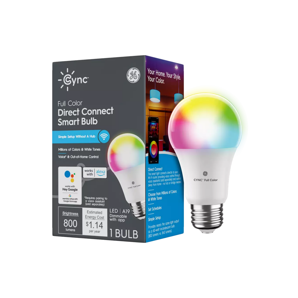 GE Lighting Cync A19 Smart LED Light Bulb, Color Changing Smart WiFi Light, Works with Alexa and Google Home-043168524049-LR-348635-1-LR eShop