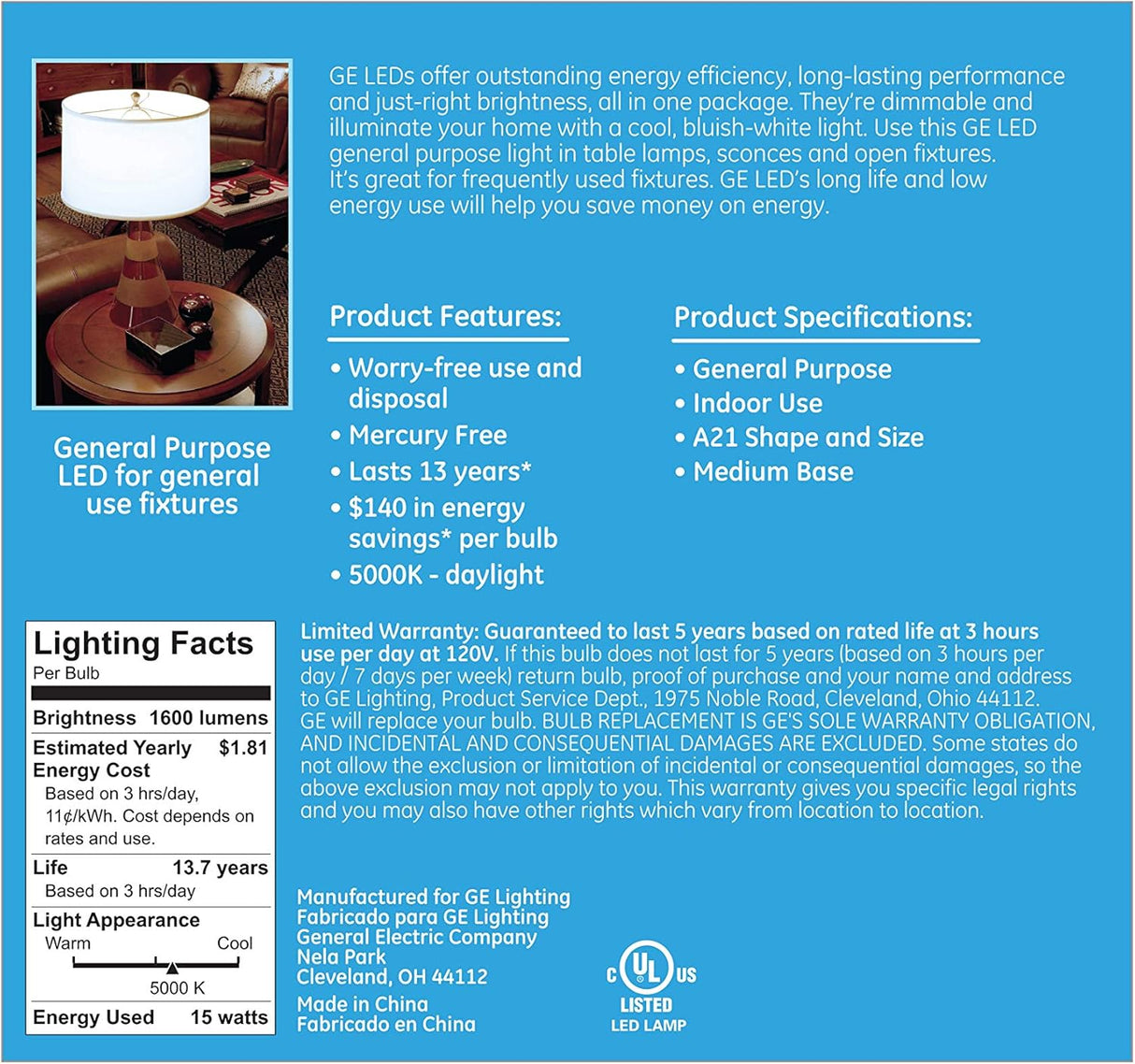 GE Lighting LED A19 Light Bulb with Medium Base, 17-Watt, Daylight, 2-Pack, 2 Count-043168661331-LR-348648-3-LR eShop