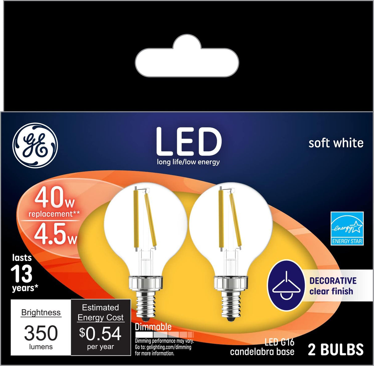 GE Lighting LED Candelabra Base Decorative 40 Watt, Soft White - Globe Bulbs, 2 Count-043168245357-LR-348622-1-LR eShop