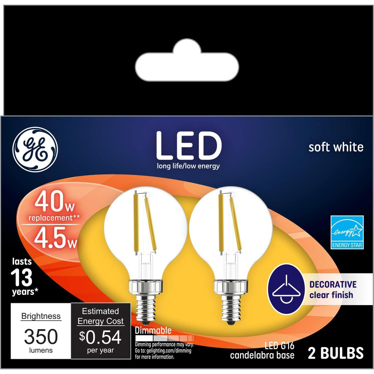 GE Lighting LED Candelabra Base Decorative 40 Watt, Soft White - Globe Bulbs, 2 Count-043168245357-LR-348622-1-LR eShop