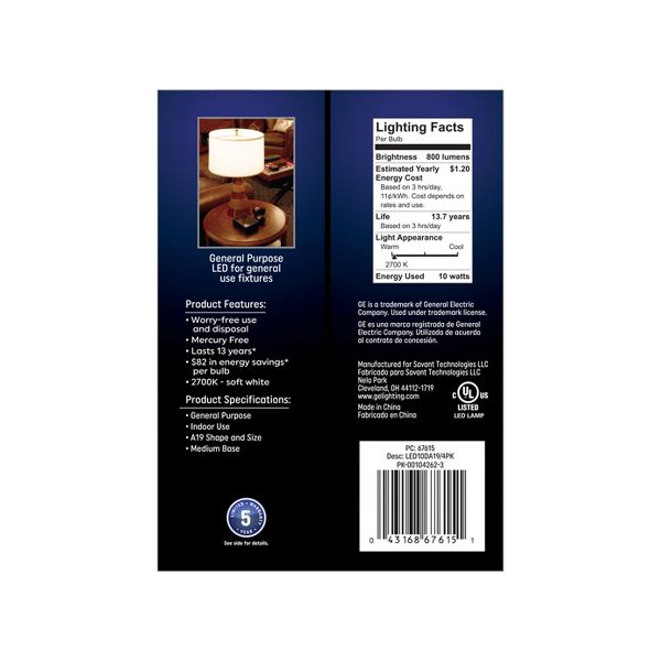 GE Lighting LED Light Bulbs, Soft White, A19, 10 Watts, 4 count-043168676151-LR-321363-3-LR eShop