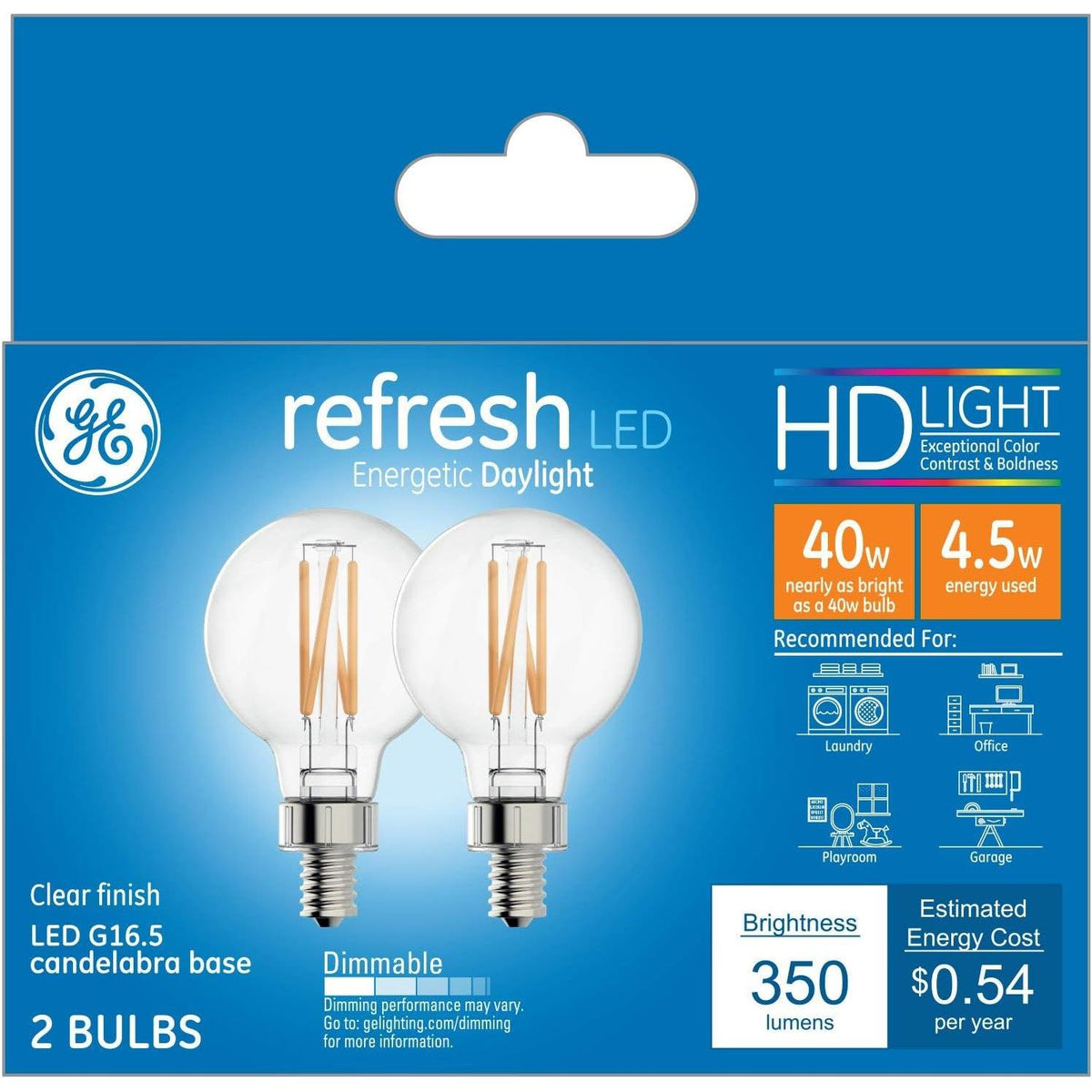 GE Lighting Refresh LED Light Bulbs, 40 Watt, Daylight, G16.5 Globe Bulbs, Small Base, 2 Pack-043168457101-LR-348625-1-LR eShop