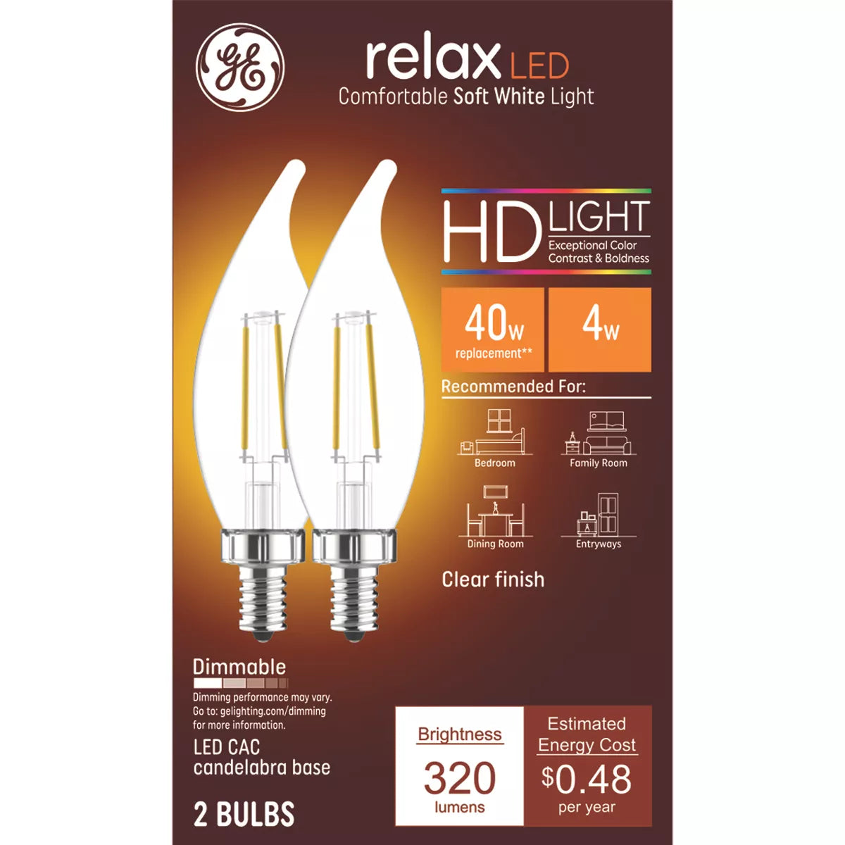 GE Lighting Relax Hd Decorative Led Light Bulbs, Candelabra Base, Soft White, 300 Lumens, 2 pack-043168313841-LR-348612-1-LR eShop
