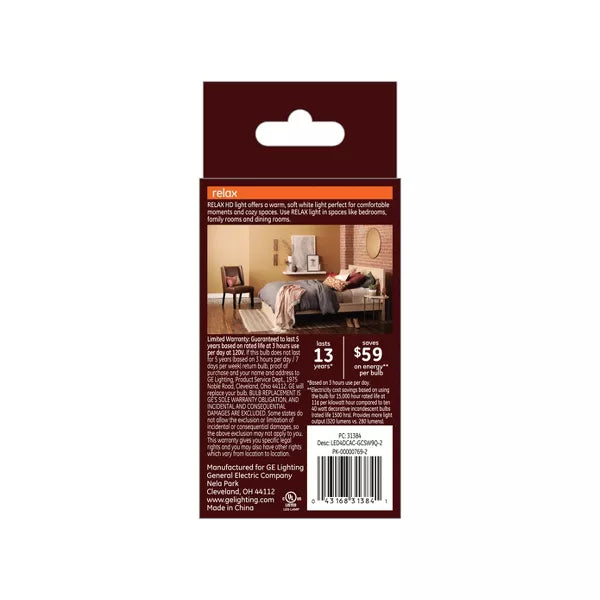 GE Lighting Relax Hd Decorative Led Light Bulbs, Candelabra Base, Soft White, 300 Lumens, 2 pack-043168313841-LR-348612-2-LR eShop