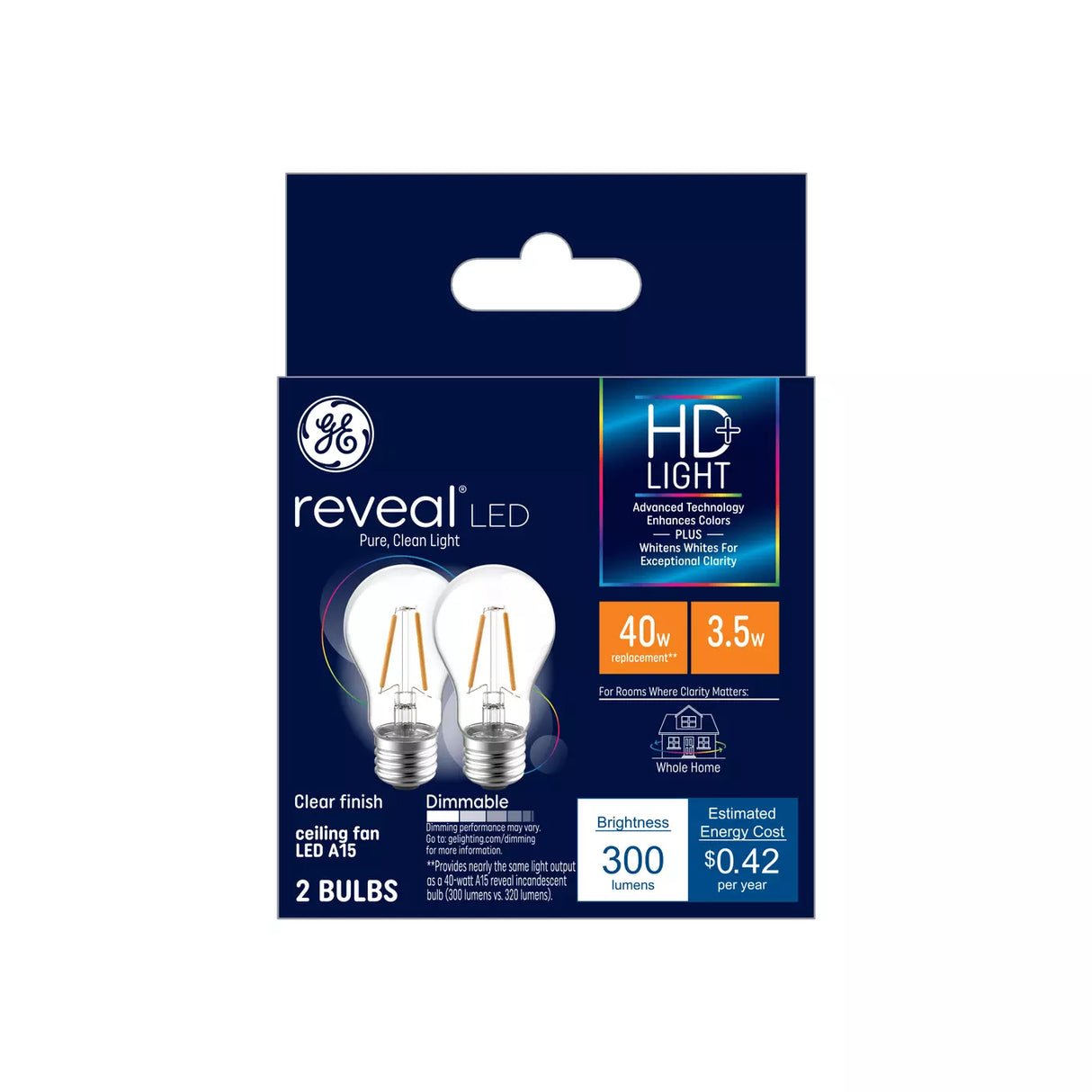 GE Lighting Reveal HD+ LED 40 Watt Replacement, Reveal, A15 Ceiling Fan Bulbs, 2 Pack-043168318921-LR-348618-1-LR eShop