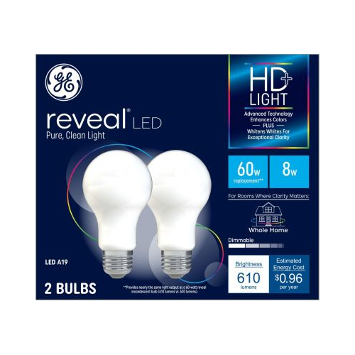 GE Lighting Reveal LED Light Bulbs, 9 Watt, 60 Watt Equivalent, HD+ Light, Standard Bulb Shape, Medium Base, Dimmable, 2 Pack-043168533942-LR-349341-1-LR eShop
