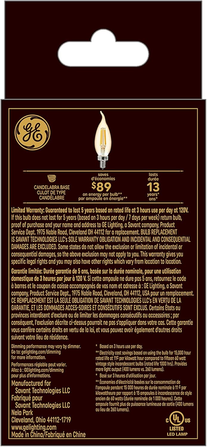 GE Lighting Vintage 60 Watt, Warm candlelight, Medium base (E-26), Dimmable LED Decorative Amber Light Bulb, 2 Pack-043168542357-LR-348630-3-LR eShop