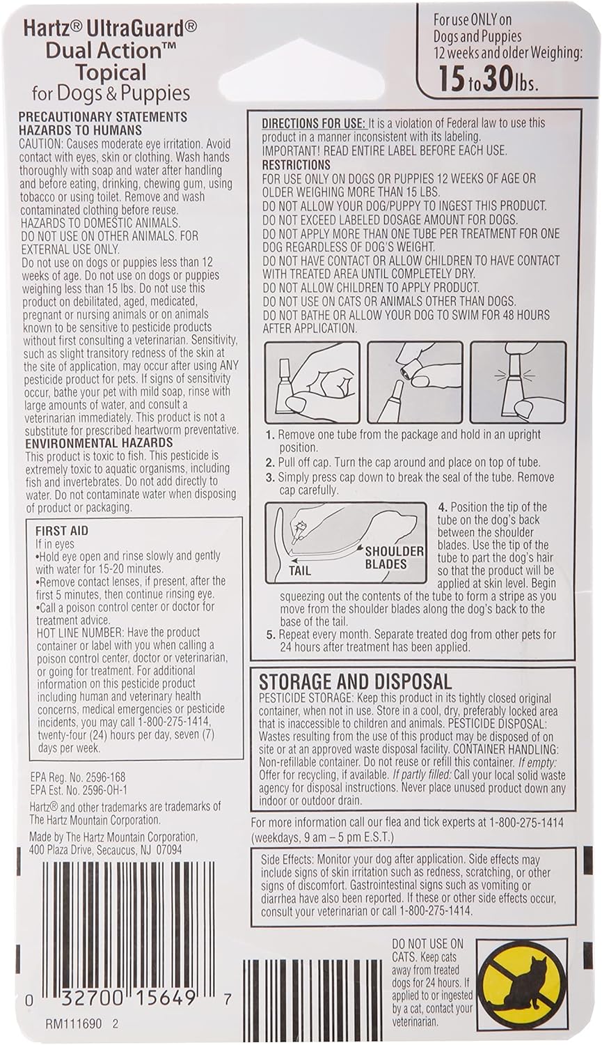 Hartz UltraGuard Dual Action Topical Flea & Tick Treatment for Dogs and Puppies - 15-30 lbs, 3 Monthly Treatments-032700156497-LR-316677-2-LR eShop