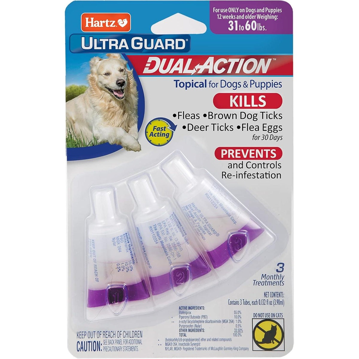 Hartz UltraGuard Dual Action Topical Flea & Tick Treatment for Dogs and Puppies - 31-60 lbs, 3 Monthly Treatments-032700156503-LR-316678-1-LR eShop