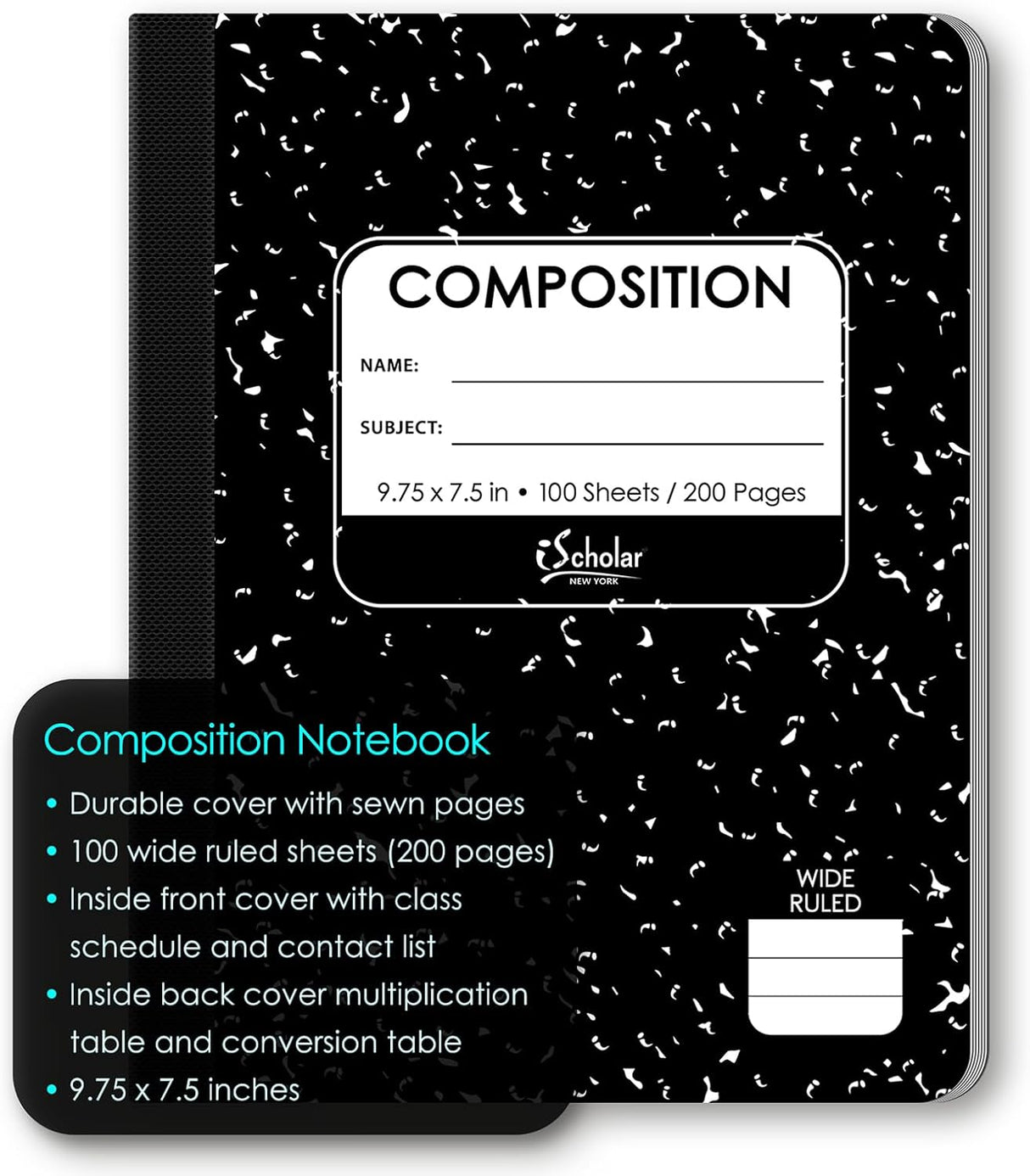 iScholar Black and White Marble Composition Book - Wide Ruled, 100 Sheets-816124011002-LR-115314-3-LR eShop