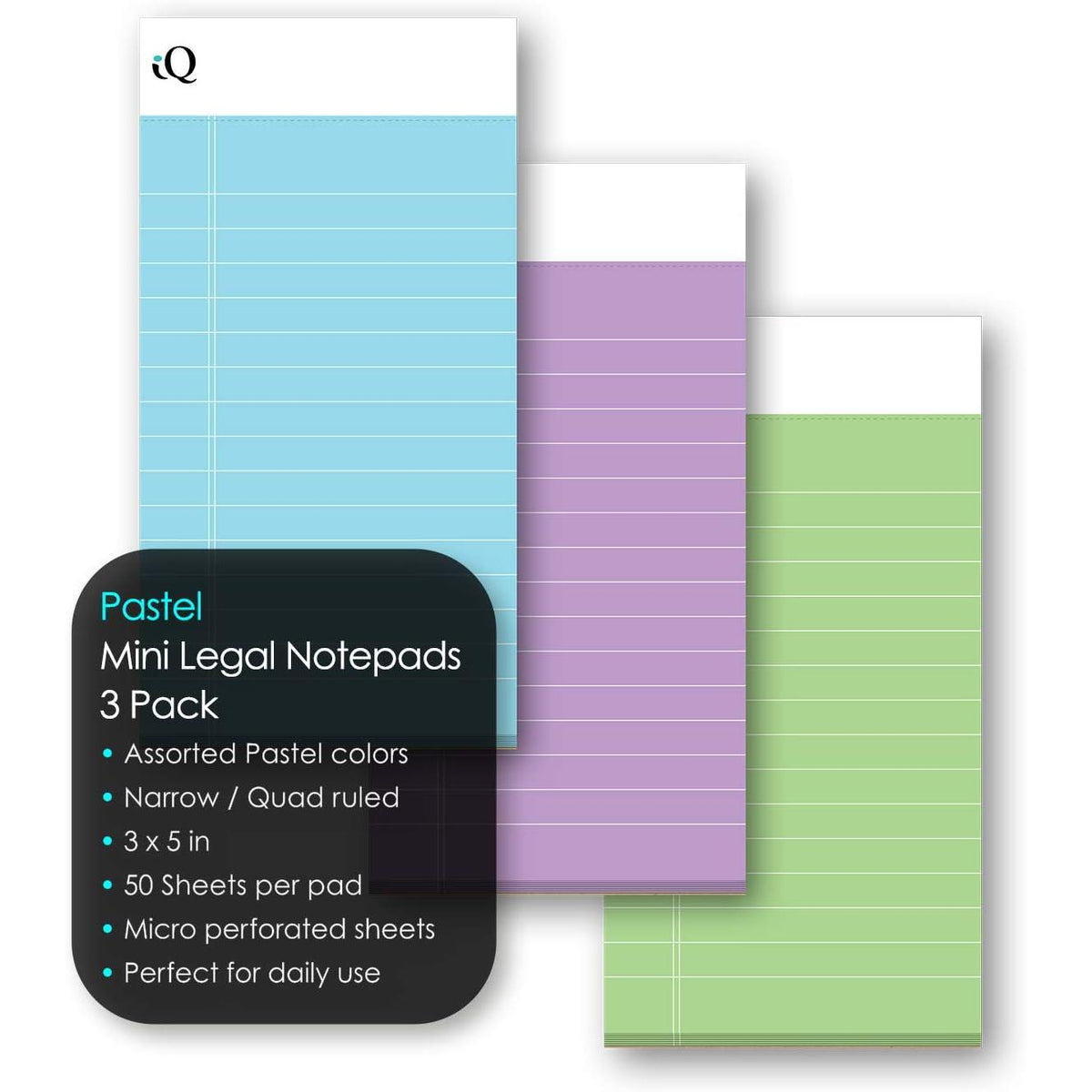 iScholar iQ Mini Legal Notepads, 3" x 5" - Assorted Pastel Colors, Pack of 3 Pads-816124014447-LR-354421-2-LR eShop
