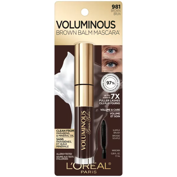 L'ORÉAL PARIS Voluminous Noir Balm Volumizing Washable Mascara, 981 Brown, 0.26 fl. oz.-071249650677-LR-342411-2-LR eShop