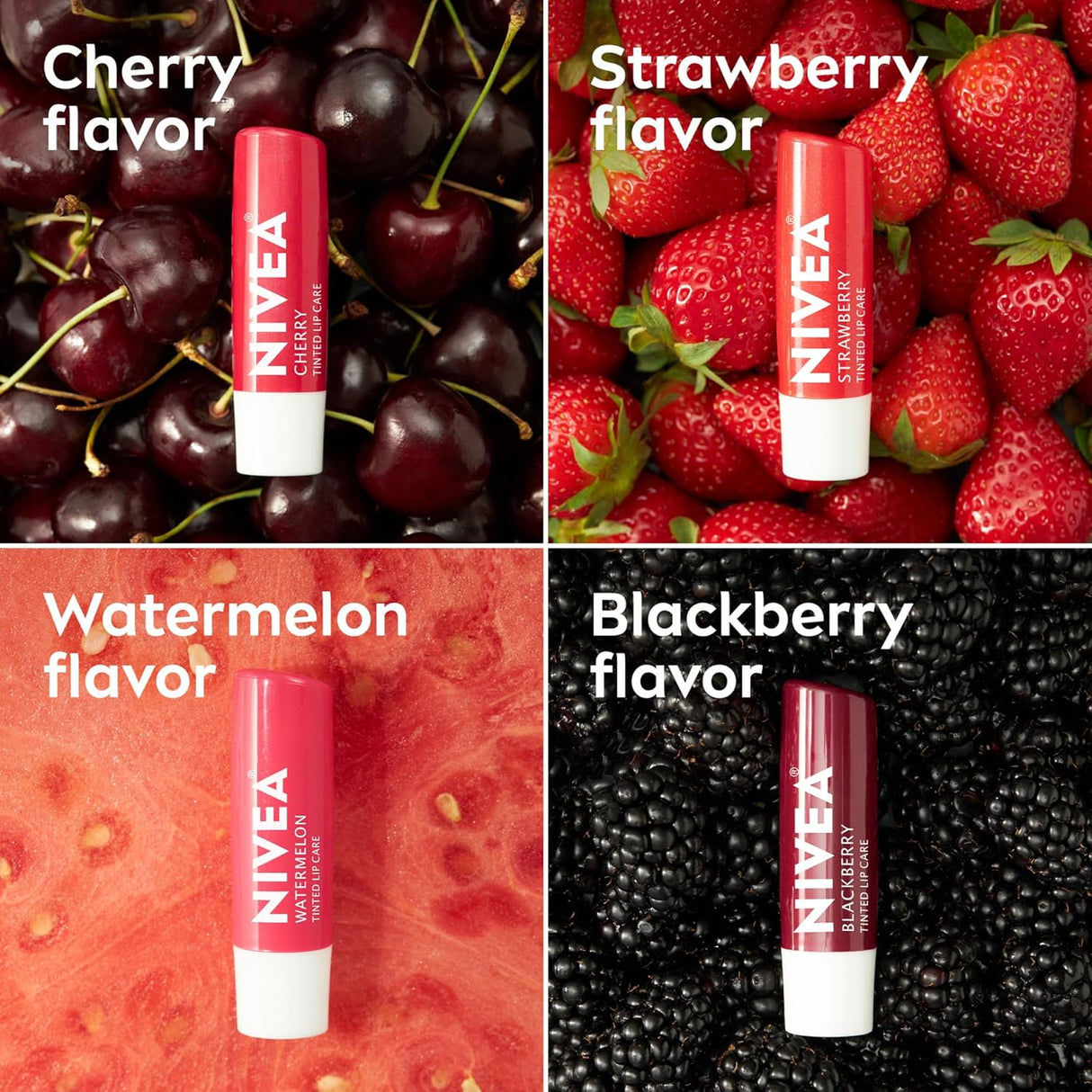 NIVEA Lip Fruity Cuties Balm Stick Variety Pack - Cherry, Strawberry, Blackberry and Watermelon-072140026523-LR-362699-5-LR eShop