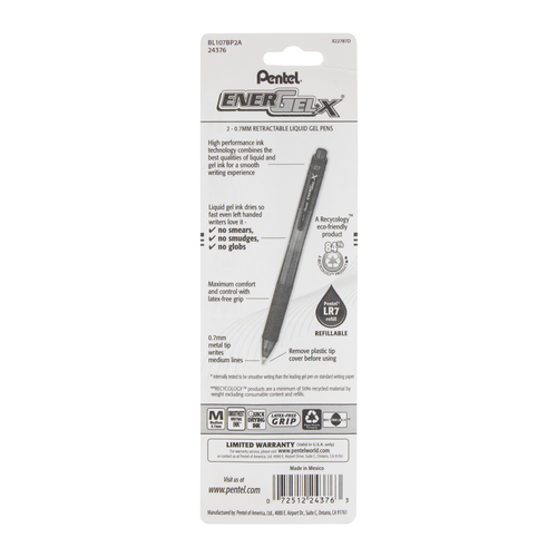 Pentel EnerGel-X Retractable Liquid Gel Pen, Medium Line - Black Ink, 2 count-072512243763-LR-271397-12-LR eShop