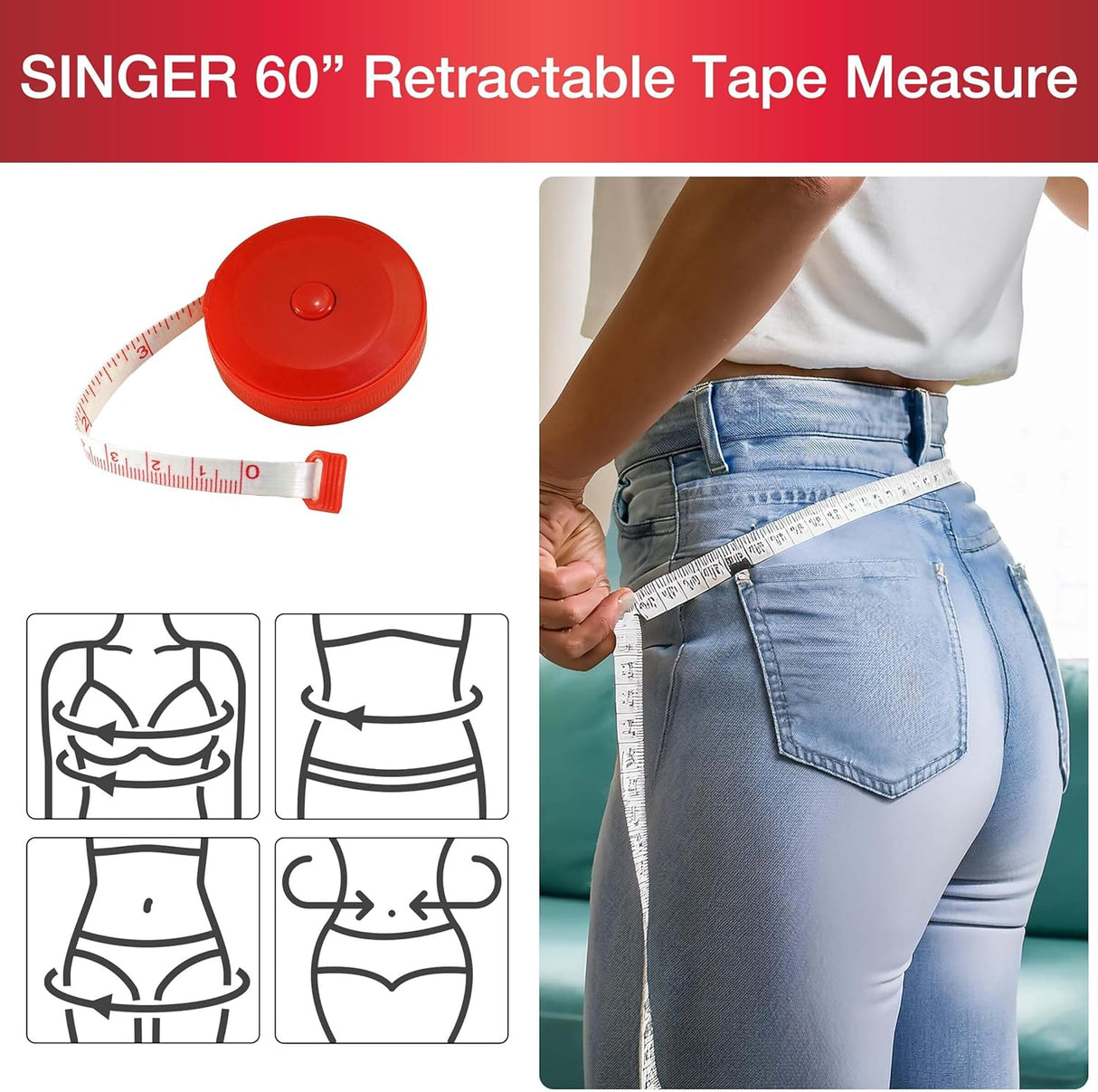 SINGER 60-Inch Retractable Tape Measure with Compact Red Case-07569100212-LR-142934-8-LR eShop