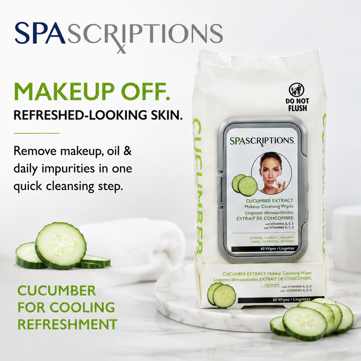 SPASCRIPTIONS Cucumber Extract Cleansing Wipes, 60 count-814655028919-LR-351001-2-LR eShop