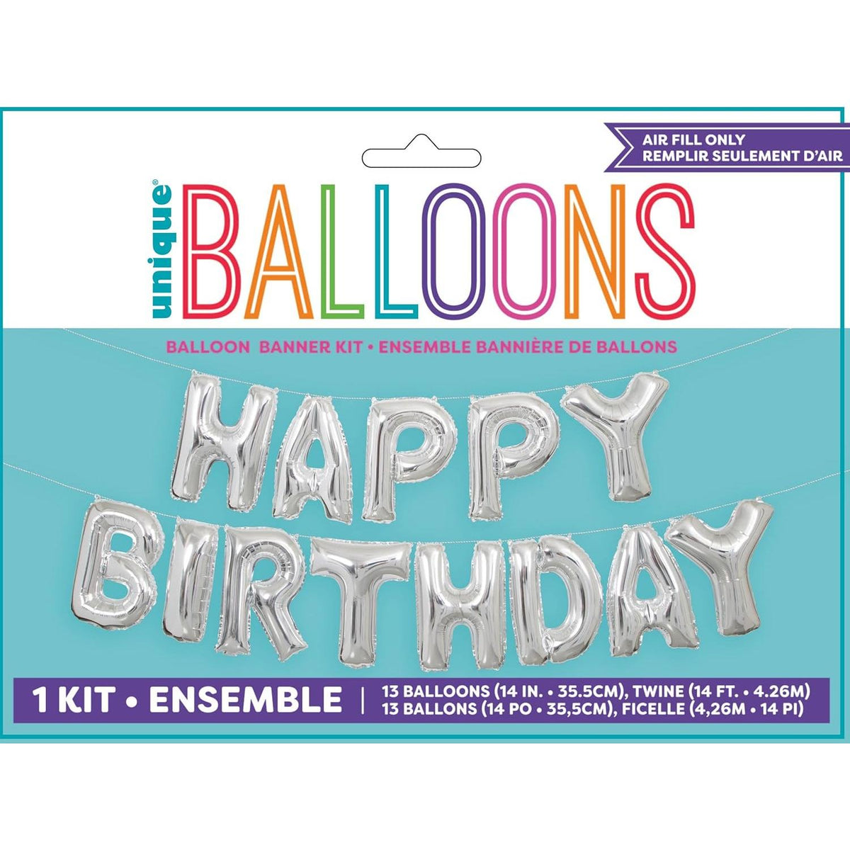 Unique 14" Foil Letter "Happy Birthday" Balloon Banner Kit - Stunning Silver-011179536801-LR-359573-1-LR eShop