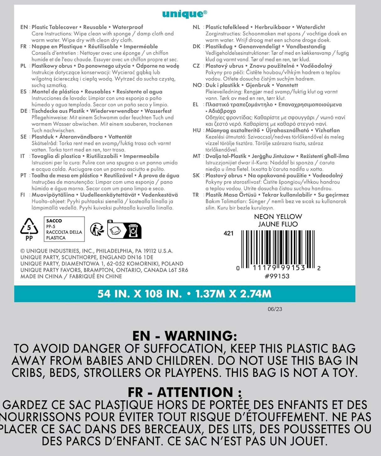 Unique Solid Rectangular Plastic Table Cover, 54" x 108" - Neon Yellow-011179991532-LR-359597-4-LR eShop