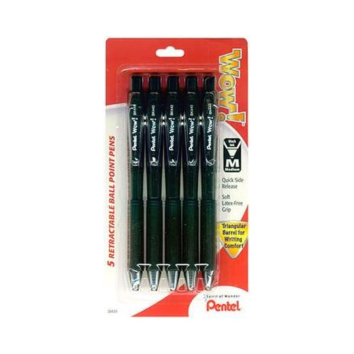 Wow! Retractable Ballpoint Pen, (1.0mm) Medium Line, NEW Ink, Black Ink 5-Pk-072512205310-LR-191513-1-LR eShop
