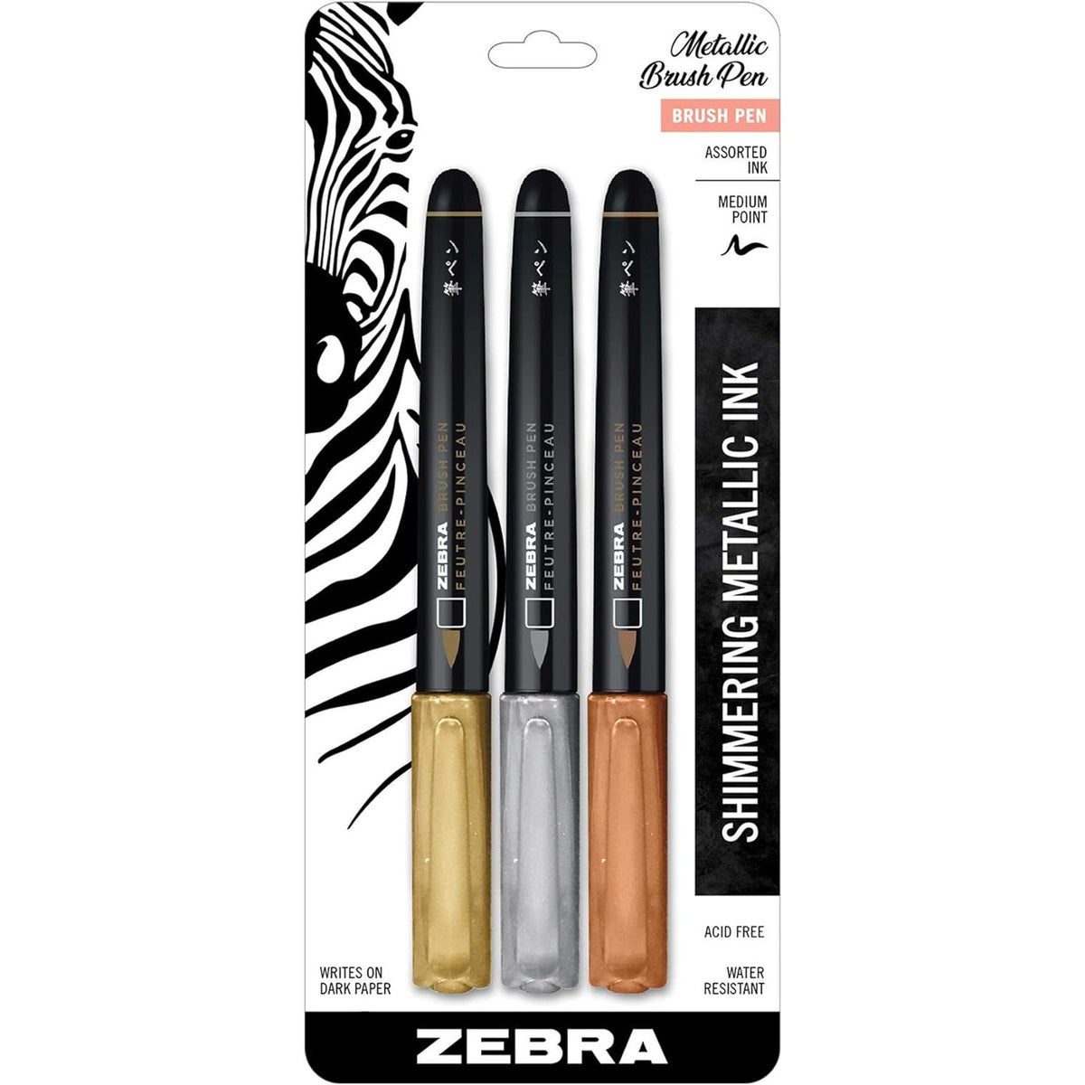 Zebra Medium Point Metallic Brush Pen - Assorted Metallics, 3 count-045888016033-LR-331079-1-LR eShop