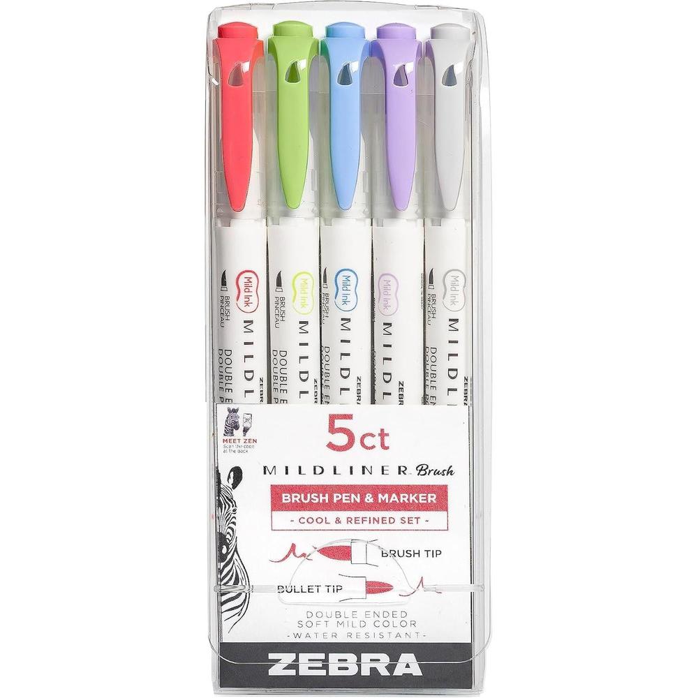Zebra Mildliner Double-Ended Brush Marker and Fine Tip Pens - Assorted Cool and Refined Colors, 5 count-045888792050-LR-336530-1-LR eShop