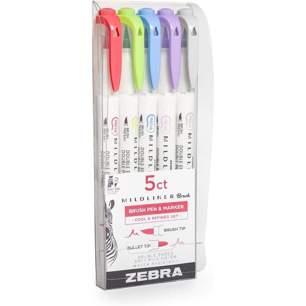 Zebra Mildliner Double-Ended Brush Marker and Fine Tip Pens - Assorted Cool and Refined Colors, 5 count-045888792050-LR-336530-8-LR eShop
